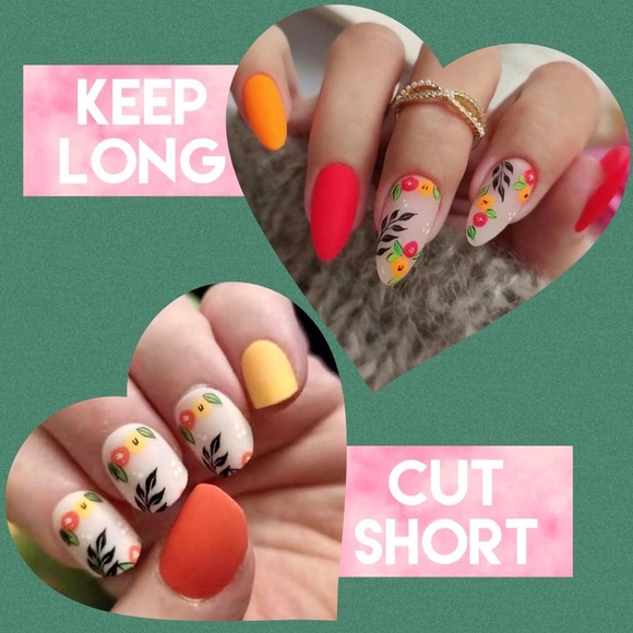 Acrylic Medium Almond Tip Floral Leaf Bright Orange Manicure Nails Professional - Picture 7 of 7